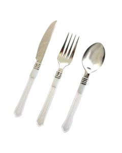 CUCHILLO/TENEDOR/CUCHARA PLATA MANGO BLANCO X 6 UNI.