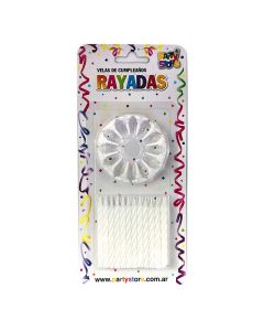 VELA RAYADA BLANCA CON BASE X 24 U.