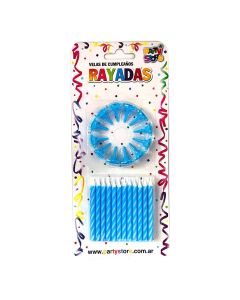 VELA RAYADA CELESTE CON BASE X 24 U.