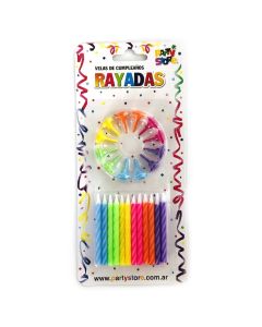 VELA RAYADA MULTICOLOR CON BASE x 24 U.