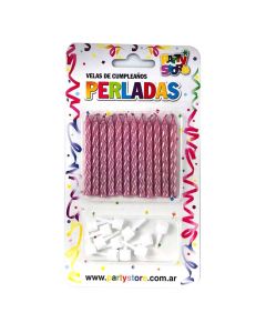 VELA PERLADA ROSA CON BASE X 12 U.
