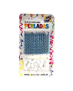 VELA PERLADA CELESTE CON BASE X 12 U.