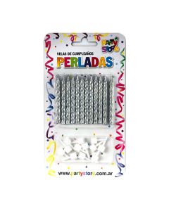 VELA PERLADA PLATEADA CON BASE X 12 U.