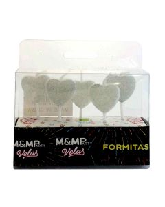 VELAS CORAZON GIBRE PLATEADO X 5 UNI