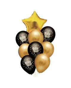 SET 9 GLOBOS IMPRESOS FELIZ DIA DORADO Y NEGRO