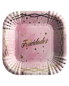 PLATO ESTAMPADO FELICIDADES ROSA X 8 UNI.