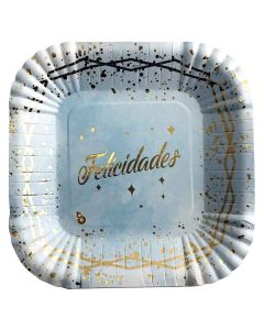 PLATO ESTAMPADO FELICIDADES CELESTE X 8 UNI.