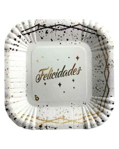 PLATO ESTAMPADO FELICIDADES BLANCO X 8 UNI.