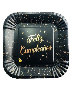 PLATO ESTAMPADO FELIZ CUMPLE NEGRO Y DORADO X 8 UNI.