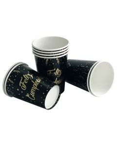 VASO ESTAMPADO FELIZ CUMPLE NEGRO Y DORADO X 8 UNI.