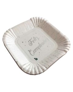 PLATO BLANCO Y PLATEADO FELIZ CUMPLEAÑOS X 8 UNI