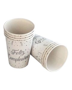 VASO BLANCO Y PLATEADO FELIZ CUMPLEAÑOS  8OZ X 8 UNIDADES 